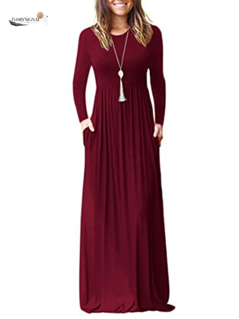 Women's Long Sleeve Maxi Dress Casual Empire Waist with Pockets